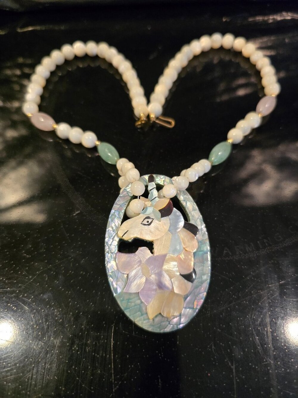 Unicorn Mother-of-Pearl Pendant Green Pink White Quartz Necklace 11" Vintage